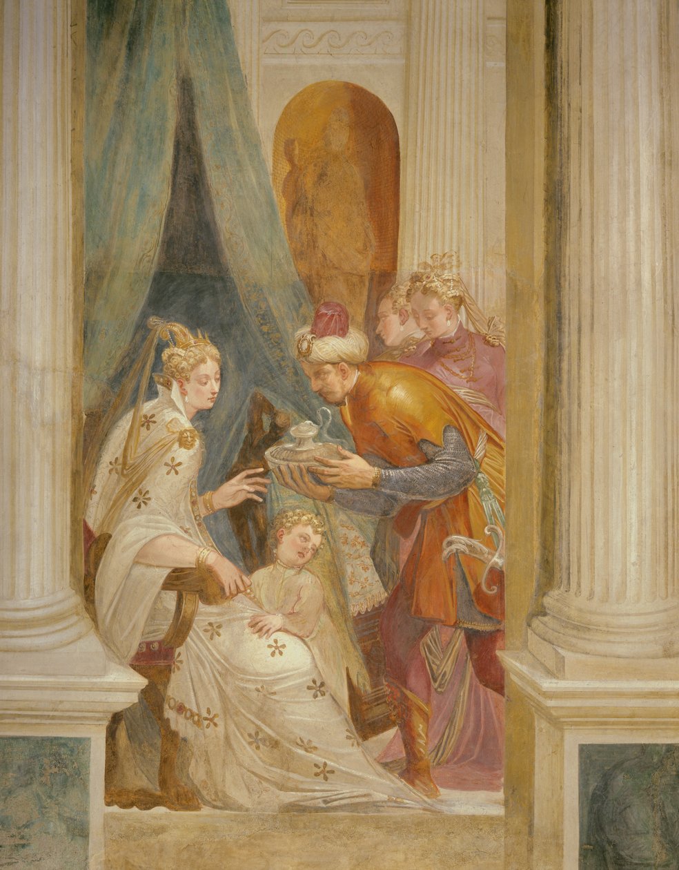 Høyre vegg som viser Sophonisba med barnet hennes som mottar neste pott med gift (fresco) av Giambattista (1526 78) Zelotti