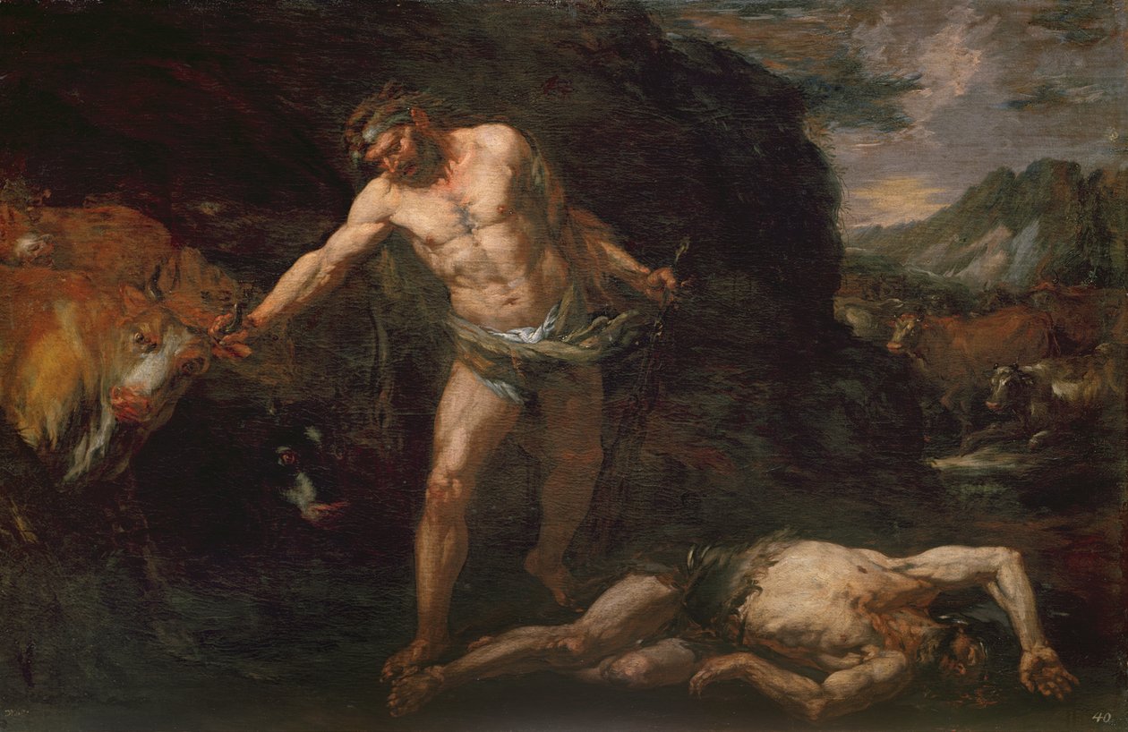Hercules dreper den gigantiske Cacus og stjeler tilbake storfeet til Geryon av Giambattista Langetti