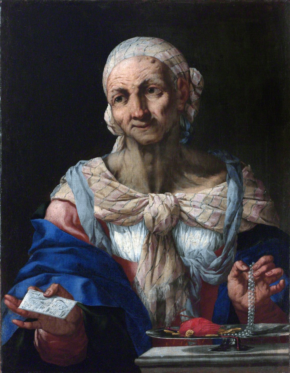 Old Woman with a Pearl Necklace and Letter (Vanitas) - Old Woman with a Pearl Necklace and Letter (Vanitas) - Giovan Battista Langetti (1635-1676). Olje på lerret, ca 1663. Nasjonalgalleriet, Praha av Giambattista Langetti