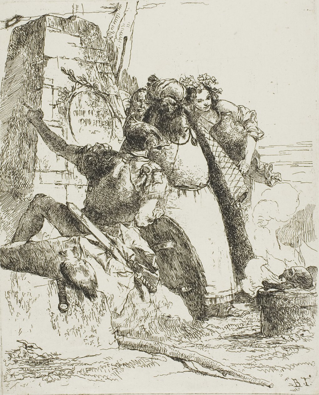 En tryllekunstner, en soldat og tre figurer som ser på en brennende hodeskalle, fra Scherzi av Giambattista Tiepolo
