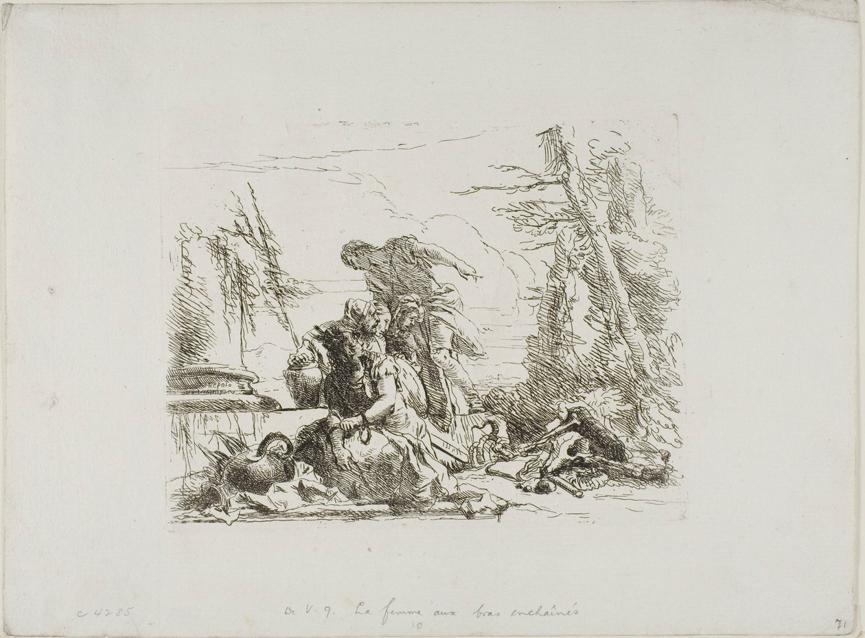 En kvinne med armene i lenker og fire andre figurer, fra Capricci av Giambattista Tiepolo