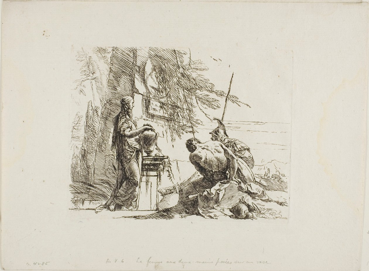 En kvinne med hendene på en vase, soldat og slave, fra Capricci av Giambattista Tiepolo