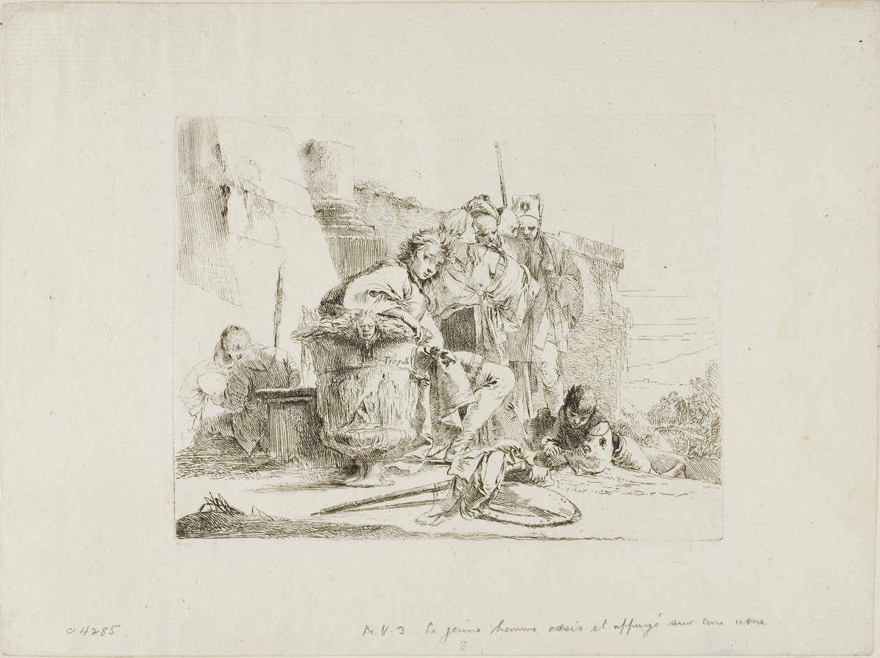 Sittende ungdom lener seg mot en urne, fra Capricci av Giambattista Tiepolo
