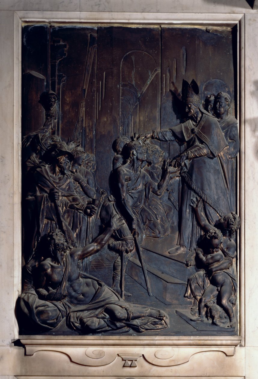 St. Anthony distribuerer almisser, relieff fra Salviati-kapellet (bronse) av Giambologna