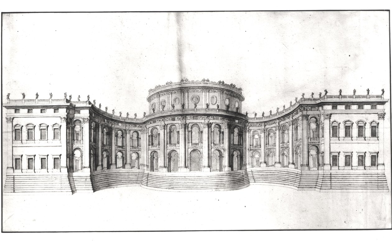 Første prosjekt for Louvre, forhøyning av østfasaden, fra 'Recueil du Louvre', bind I fol. 4, 1664 (penn og blekk og vask på papir) (se 164014) av Gian Lorenzo Bernini