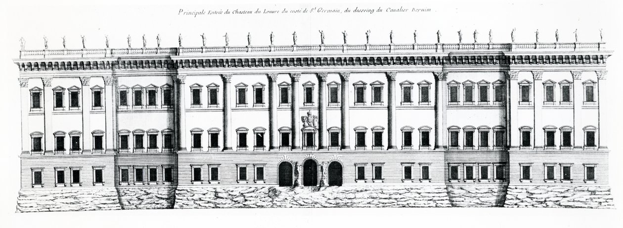 Tredje prosjekt for Palais du Louvre, Paris: Østfasadehøyde og hovedinngang til palasset fra Saint Germain-siden, 1665 av Gian Lorenzo Bernini