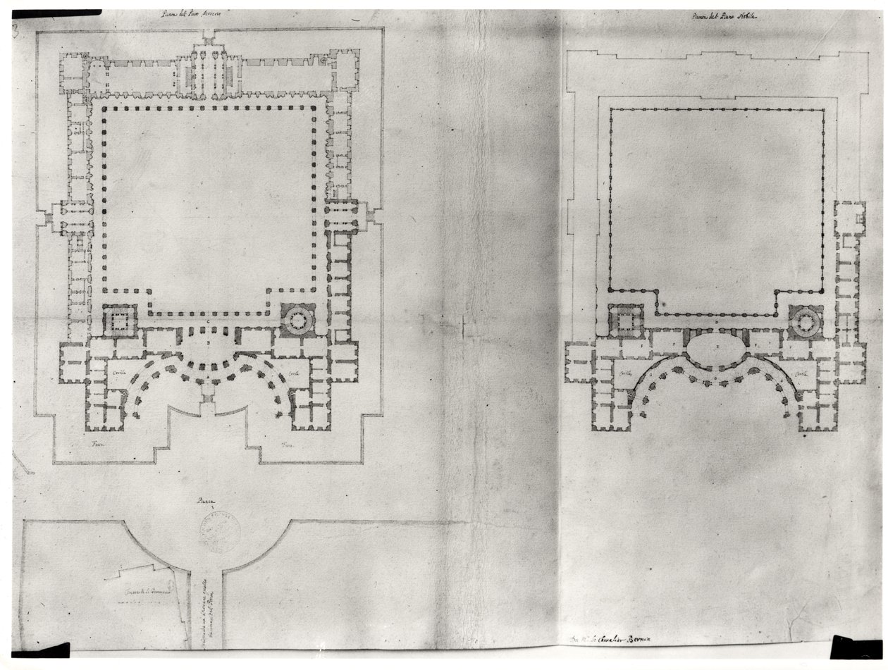 To planer for det første prosjektet for Louvre, fra 'Recueil du Louvre', bind I fol.3, 1664 (penn og blekk og vask på papir) (se 164013) av Gian Lorenzo Bernini