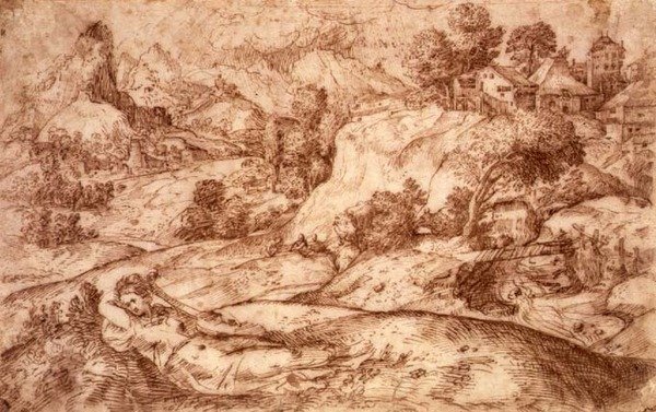 No.0955 Fjelllandskap med en liggende kvinnefigur (penn og sepia på papir) av Gian Battista (attr. to) Angolo del Moro