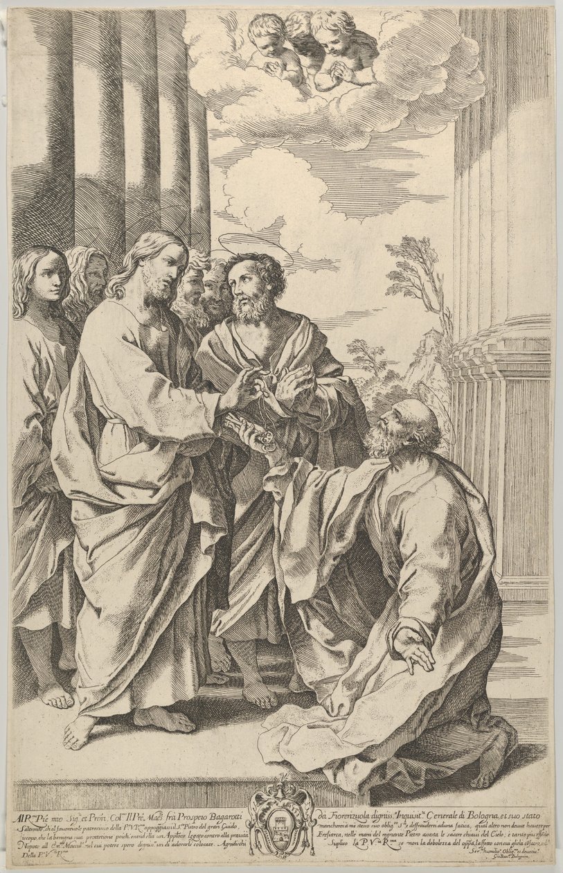 Kristus ga nøklene til kirken til den hellige Peter som kneler foran ham, etter Guido ..., 1640-70. av Gian Battista Bolognini