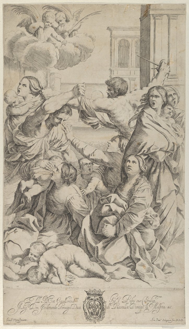 Massakren på de uskyldige, en gruppe kvinner og barn som blir angrepet, to engler en..., ca. 1640-70. av Gian Battista Bolognini