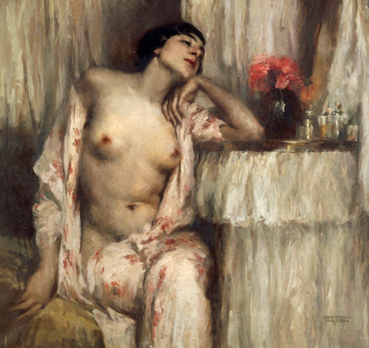 Halvlang figur av kvinne ved toalettet hennes (olje på lerret) av Gian Emilio Malerba