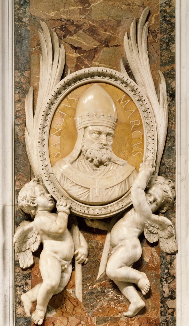 San Marco, relieff av Gian Lorenzo Bernini (1598-1680), detalj av marmordekorasjon langs søylene i hovedgangen, Peterskirken, Roma, Vatikanstaten av Gian Lorenzo Bernini