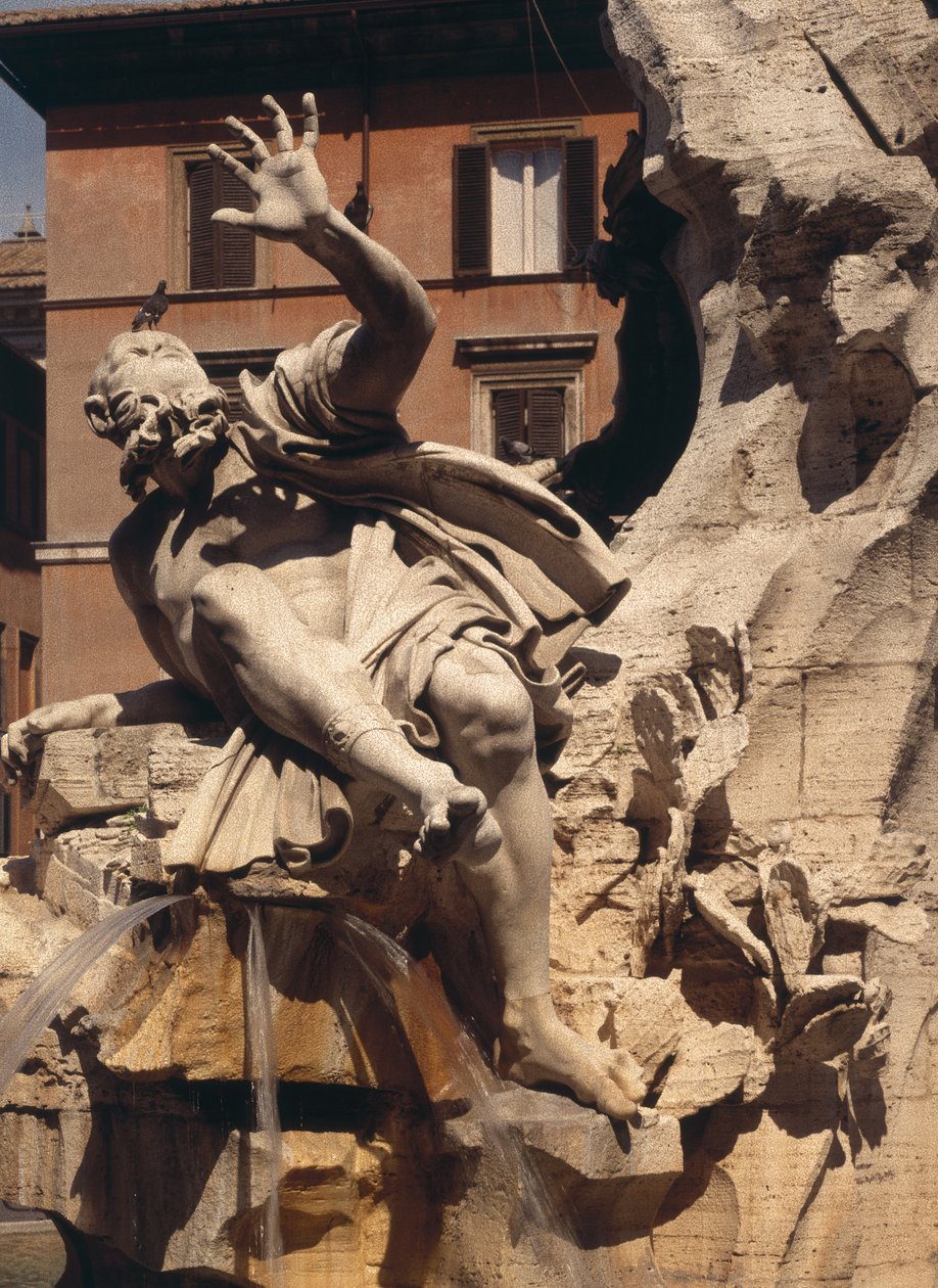 The Fountain of the Four Rivers, detalj av figuren som representerer elveplaten, 1648-51 steindetalj av 96887 av Gian Lorenzo Bernini