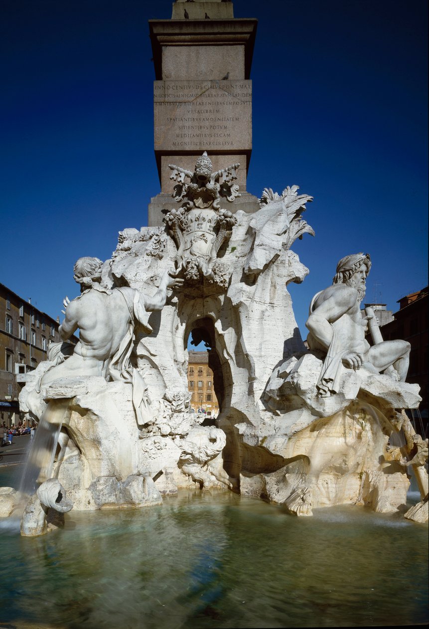 Utsikt over Fountain of the Four Rivers. Marmor skulptur av Gian Lorenzo Bernini
