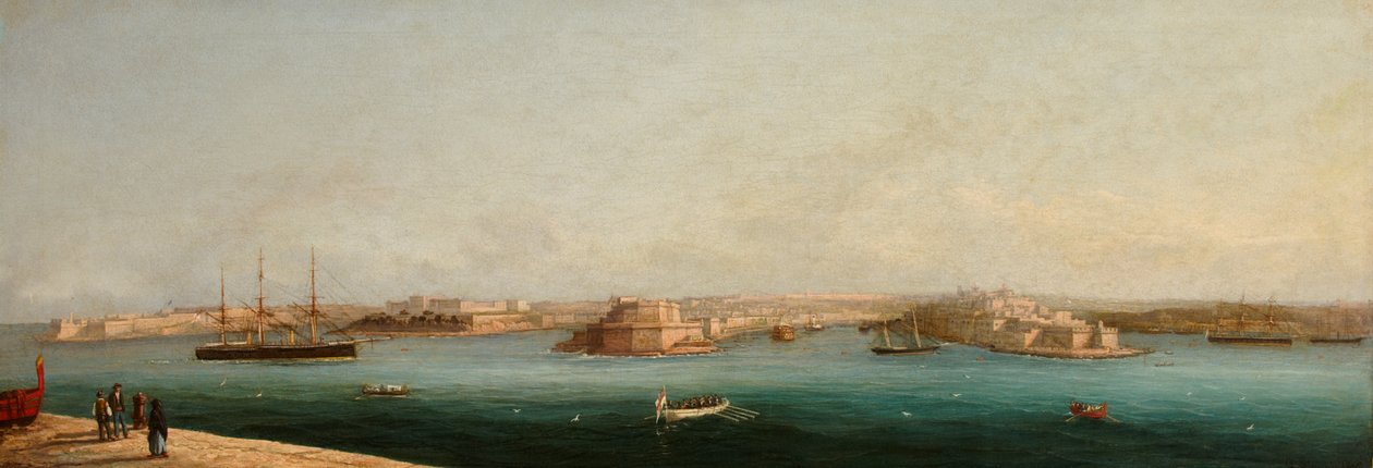 Grand Harbour og tre byer fra kaien i Valletta, 1869 av Giancinto Gianni