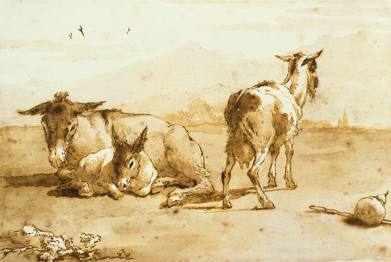 PD.32-1959 To esler og en geit i et landskap (penn og brunt blekk med vask på papir) av Giovanni Domenico Tiepolo