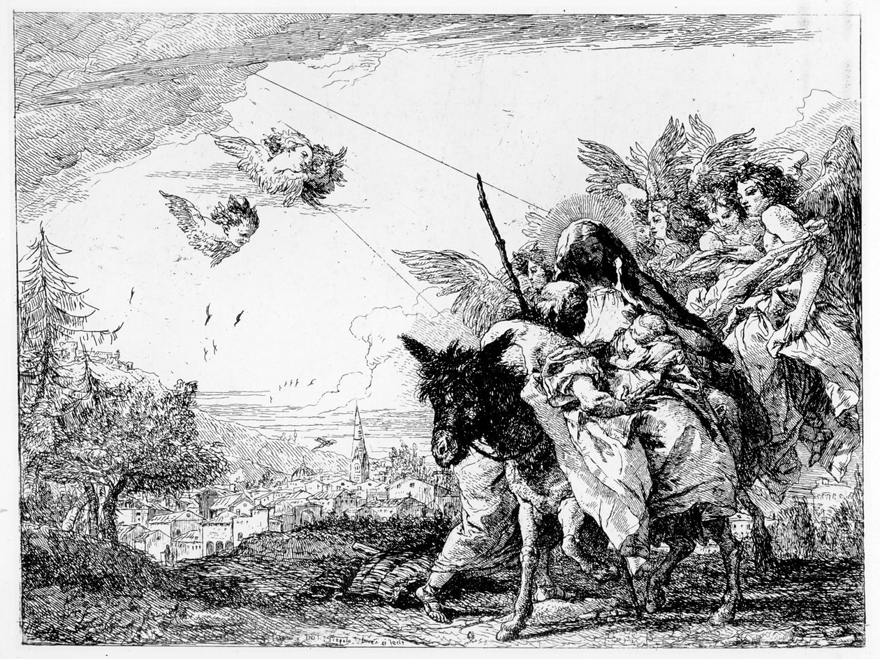 Flukten til Egypt, ca. 1750 av Giovanni Domenico Tiepolo