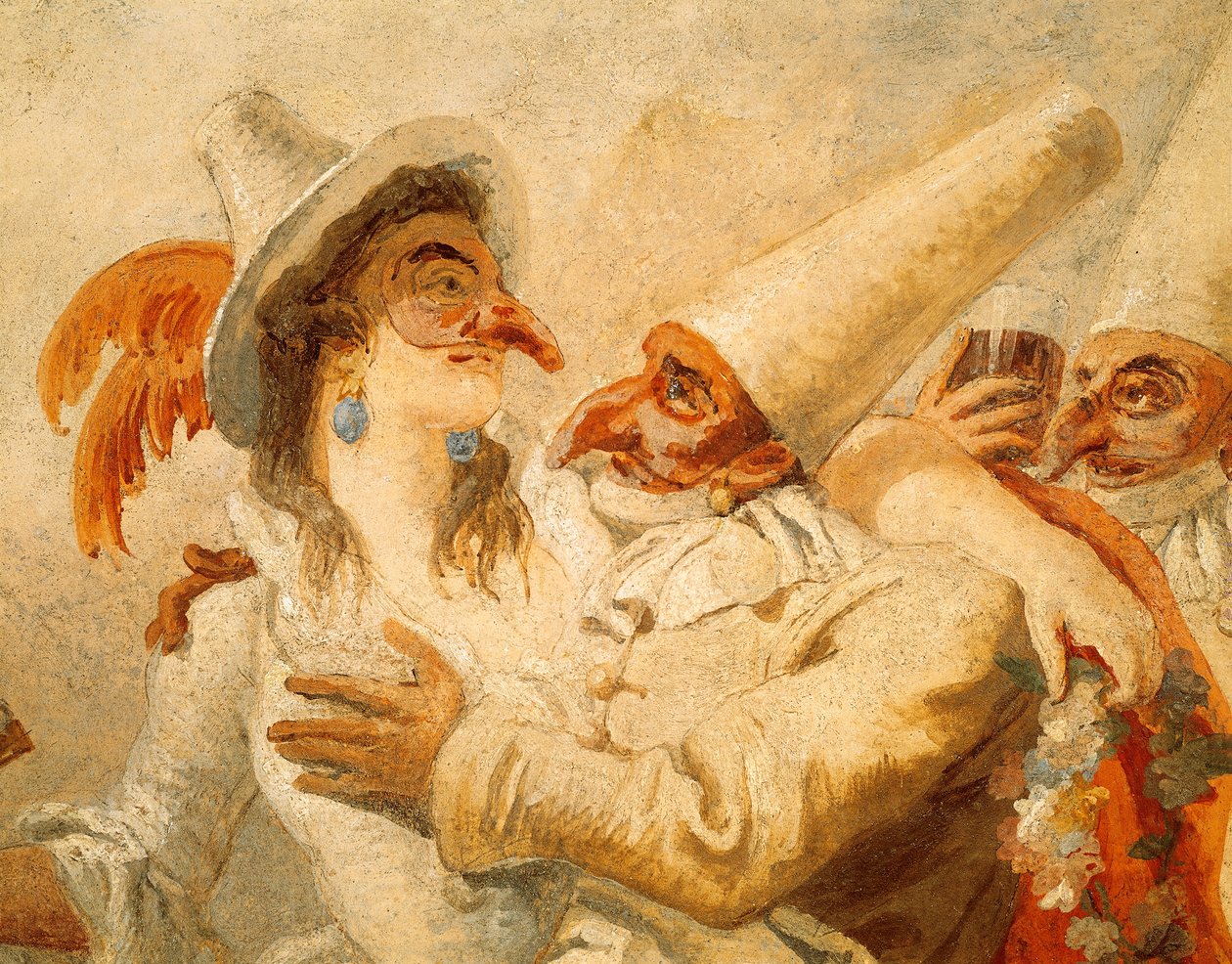 Karneval av Giandomenico Tiepolo (1727-1804), freskomaleri, detalj med tre masker, Ca