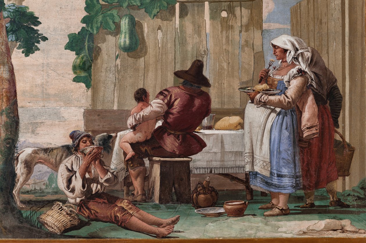 Bondefamilie ved bordet, fra rommet med rustikke scener, i Foresteria (gjestehus) 1757 (fresco) av Giandomenico  Tiepolo