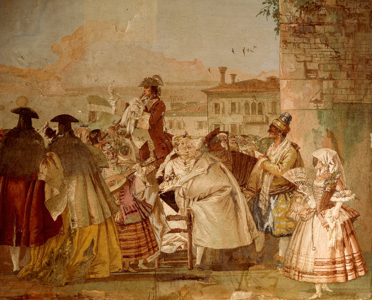 The Charlatan, av Giandomenico Tiepolo (1727-1804), freskomaleri, rom med karnevalsscener, i Foresteria (gjestehus) ved Villa Valmarana 