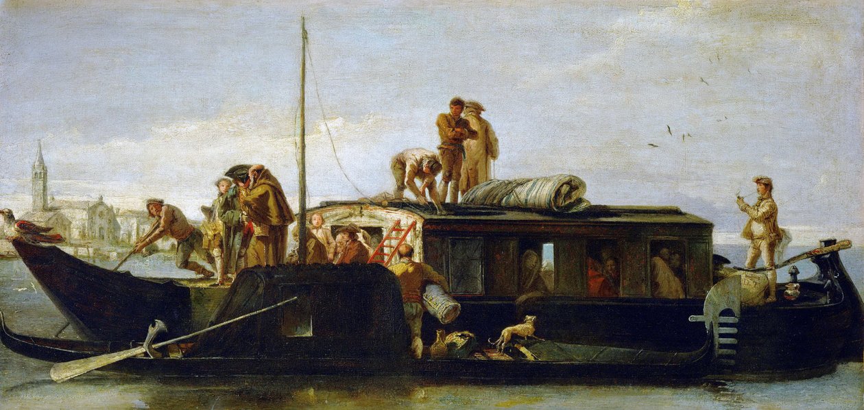 Barokk: The Mailboat - The Mailboat (Il Burchiello) av Tiepolo, Giandomenico (1727-1804), ca 1764-1765. Olje på lerret, 38x78,3. Kunsthistorisk museum, Wien av Giovanni Domenico Tiepolo
