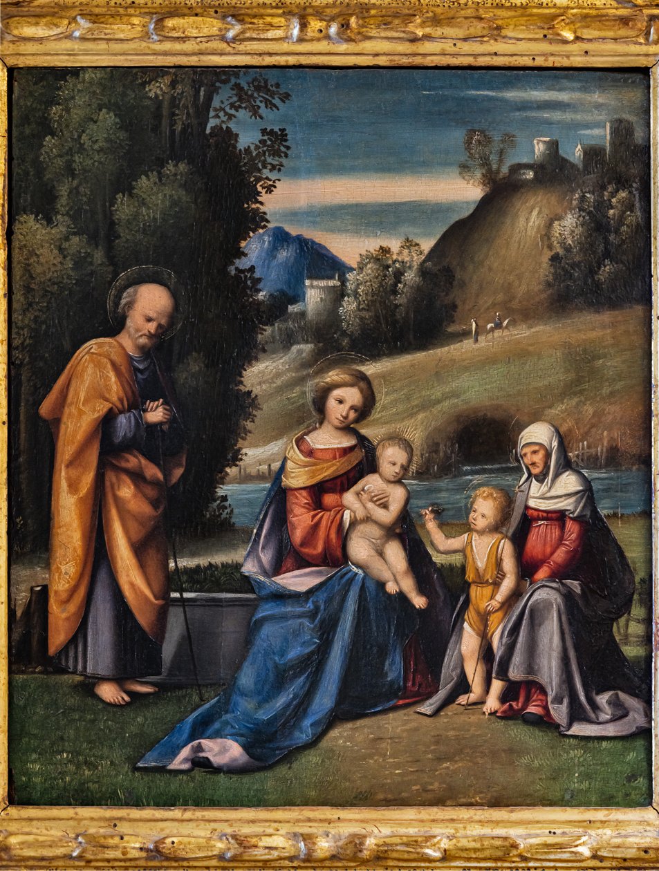 Hellig familie med helgener, spedbarnet St. John og St. Elizabeth i et landskap (olje på lerret) av Giandomenico (1727 1804) Tiepolo