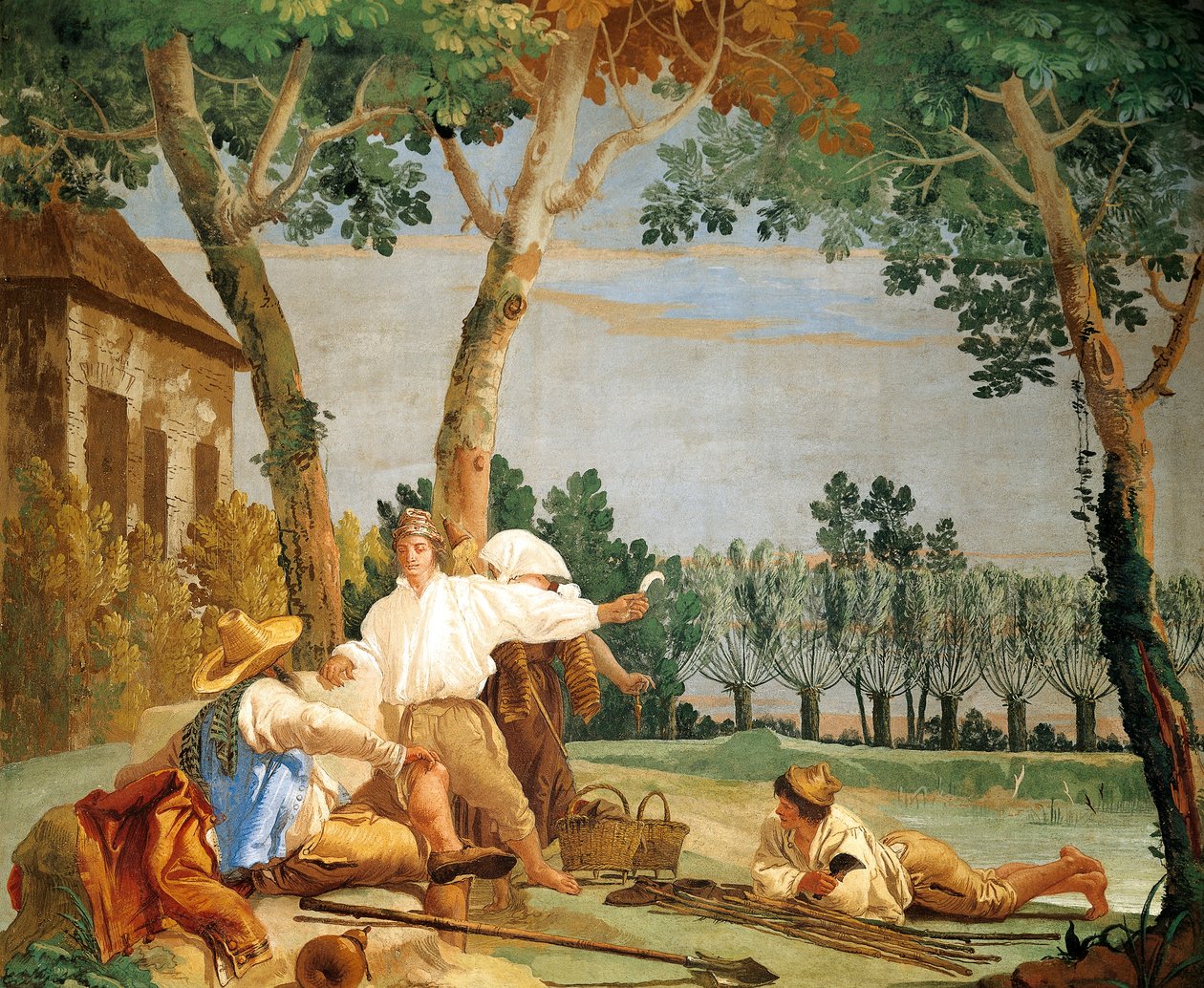 Peasants at Rest, av Giandomenico Tiepolo (1727-1804), freskomaleri, Rom med rustikke scener i Foresteria (gjestehus), Villa Valmarana 