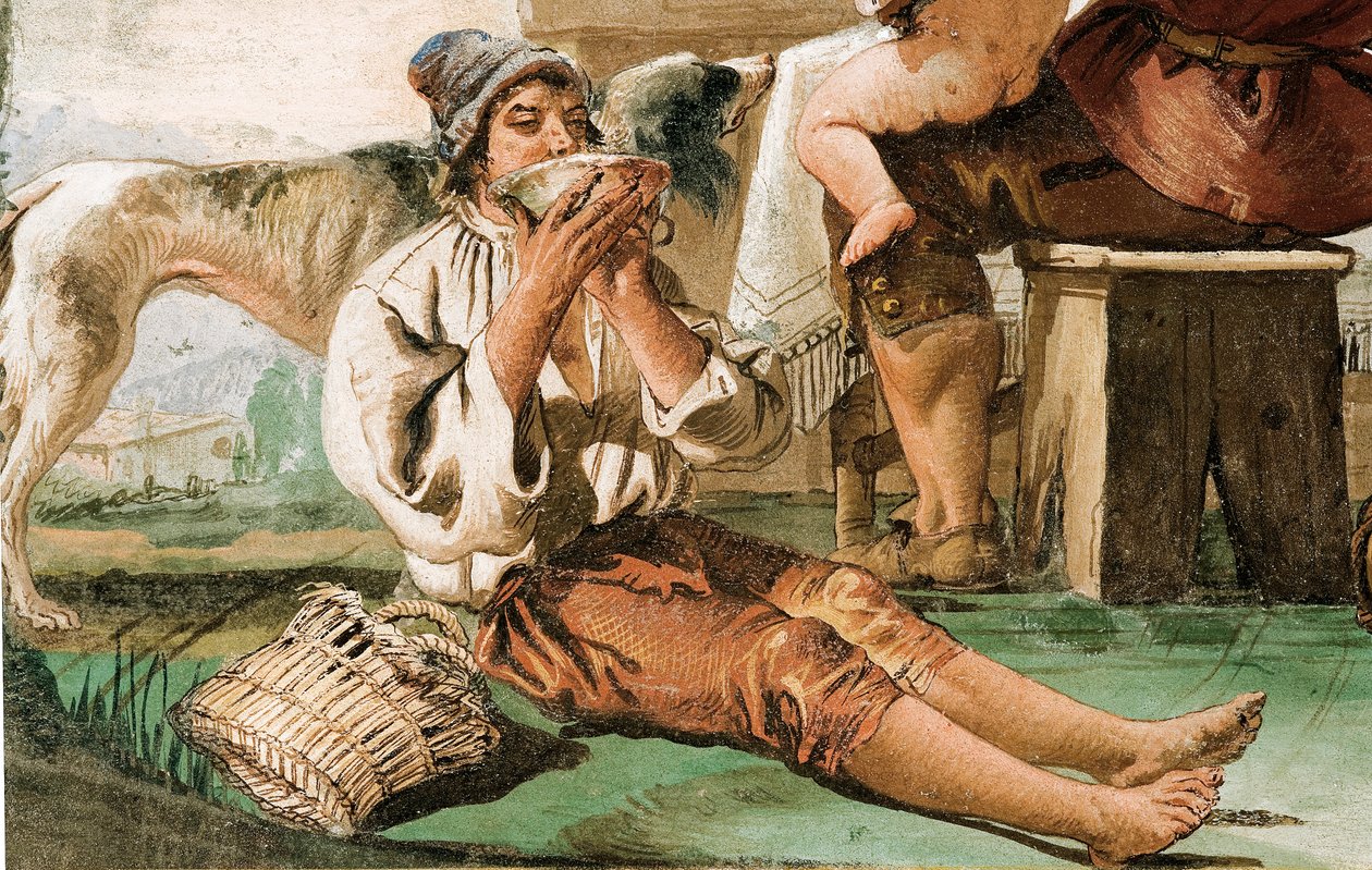 Detalj fra Bondefamilien ved bordet, fra rommet med rustikke scener, i Foresteria, 1757 av Giovanni Domenico Tiepolo