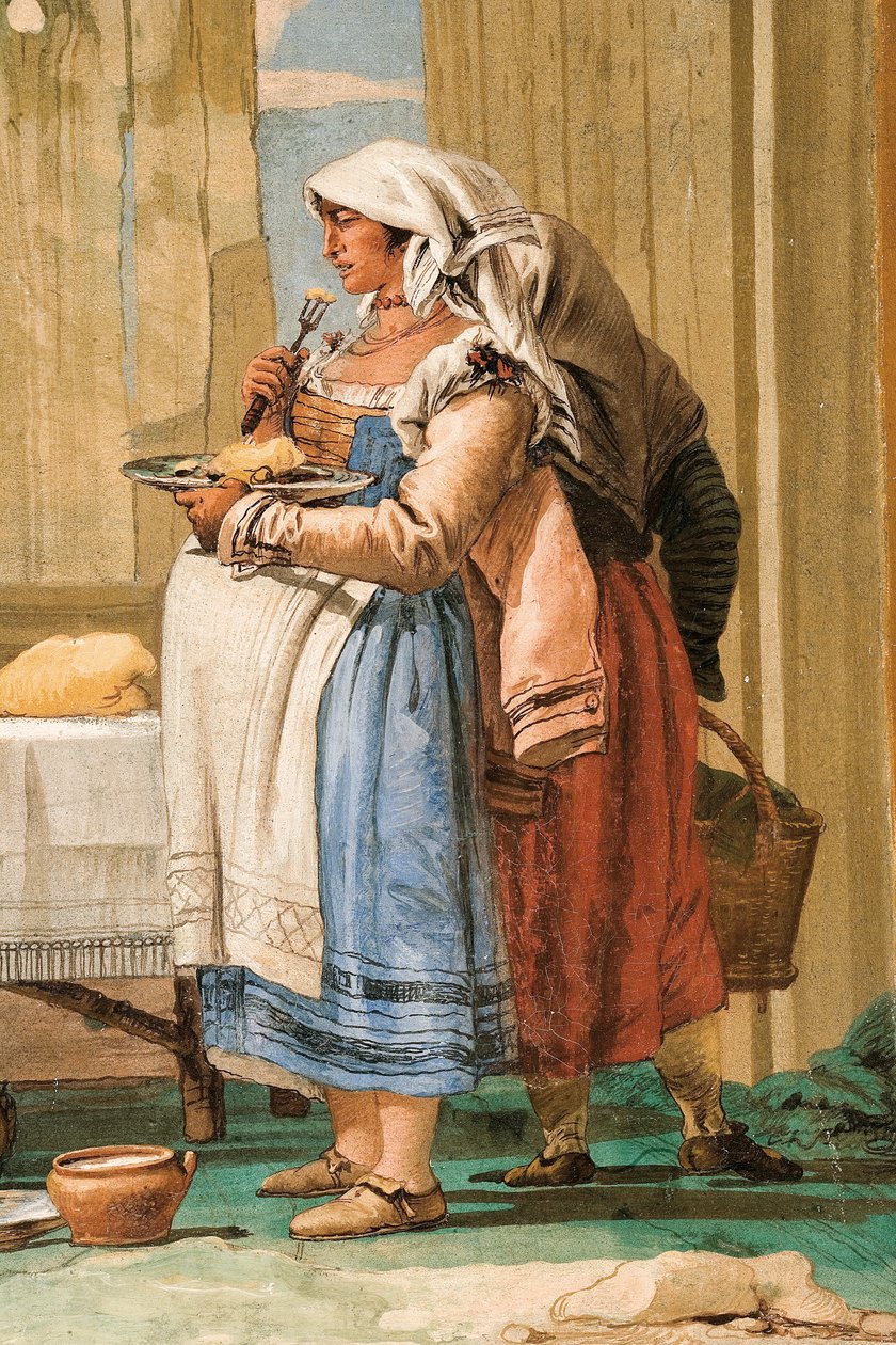 Detalj fra Bondefamilien ved bordet, fra rommet med rustikke scener, i Foresteria, 1757 av Giovanni Domenico Tiepolo