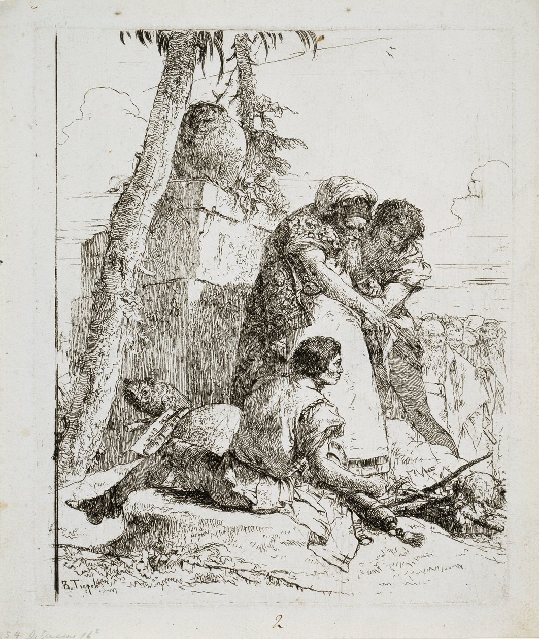 Magiker som peker ut et brennende hode til to ungdommer, ca. 1740-årene av Giovanni Domenico Tiepolo