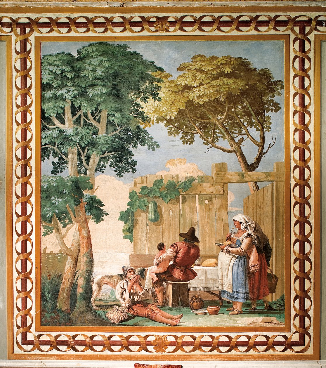 Bondefamilie ved bordet, fra rommet med rustikke scener, i Foresteria (gjestehuset) 1757 av Giovanni Domenico Tiepolo