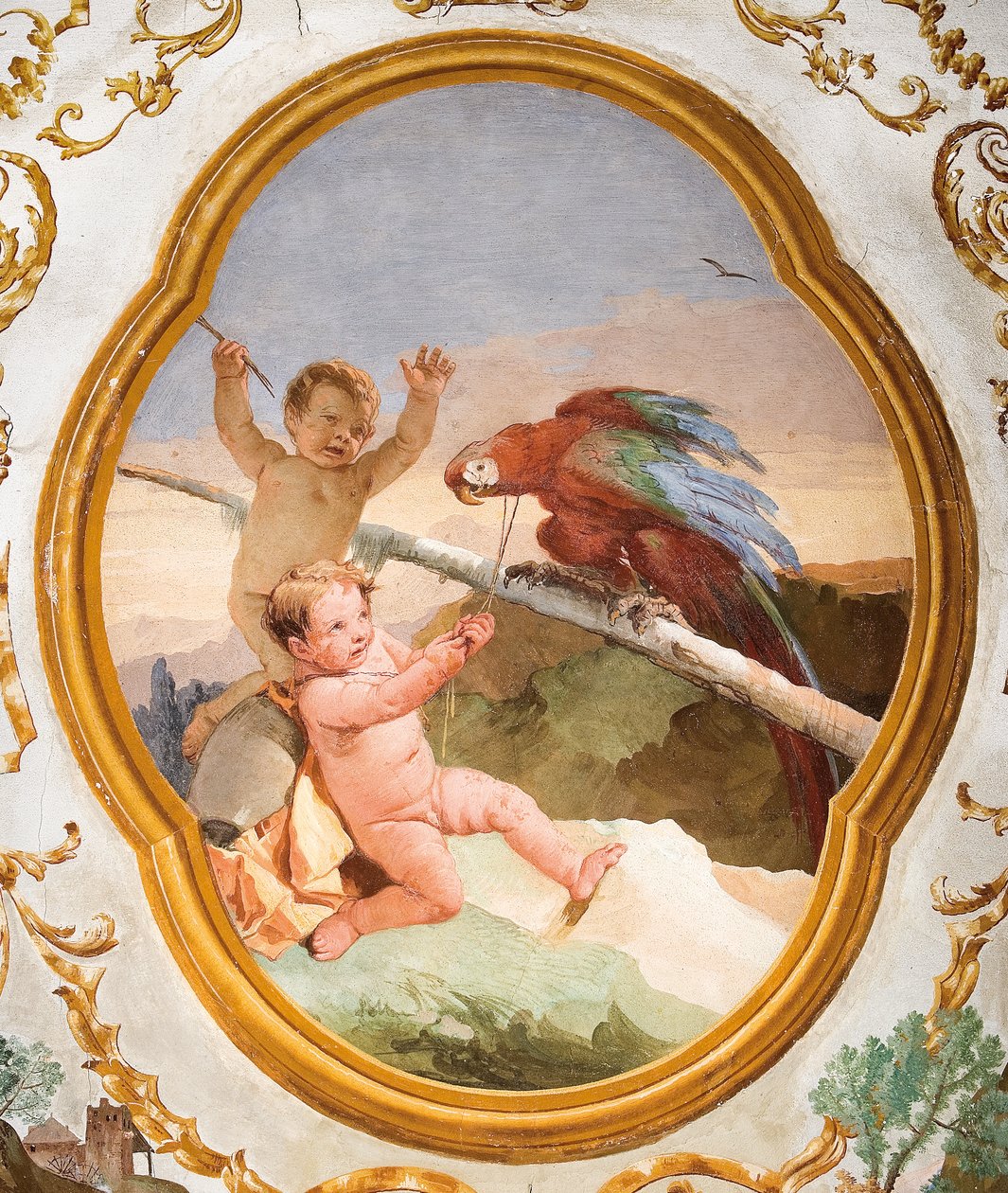 Putti med en papegøye, fra Putti-rommet i Foresteria (gjestehuset) 1757 av Giovanni Domenico Tiepolo