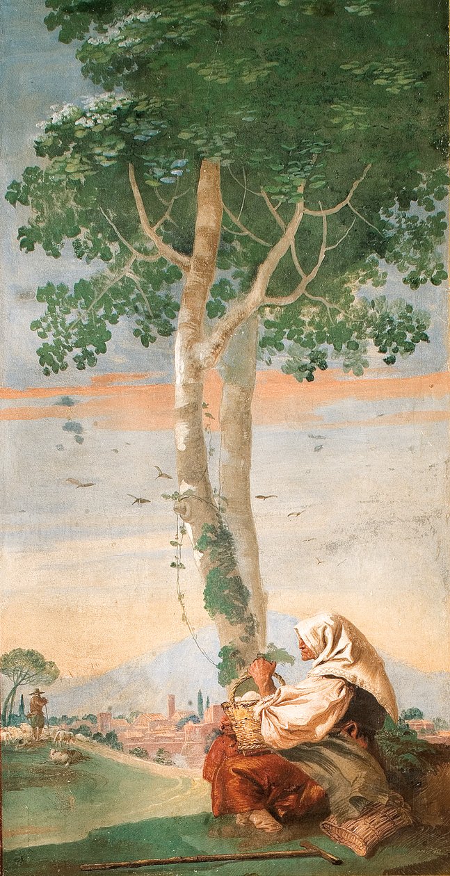 Den eldre bondekvinnen sitter under et tre med en kurv med egg, fra Room of Country Scenes, 1757 av Giovanni Domenico Tiepolo