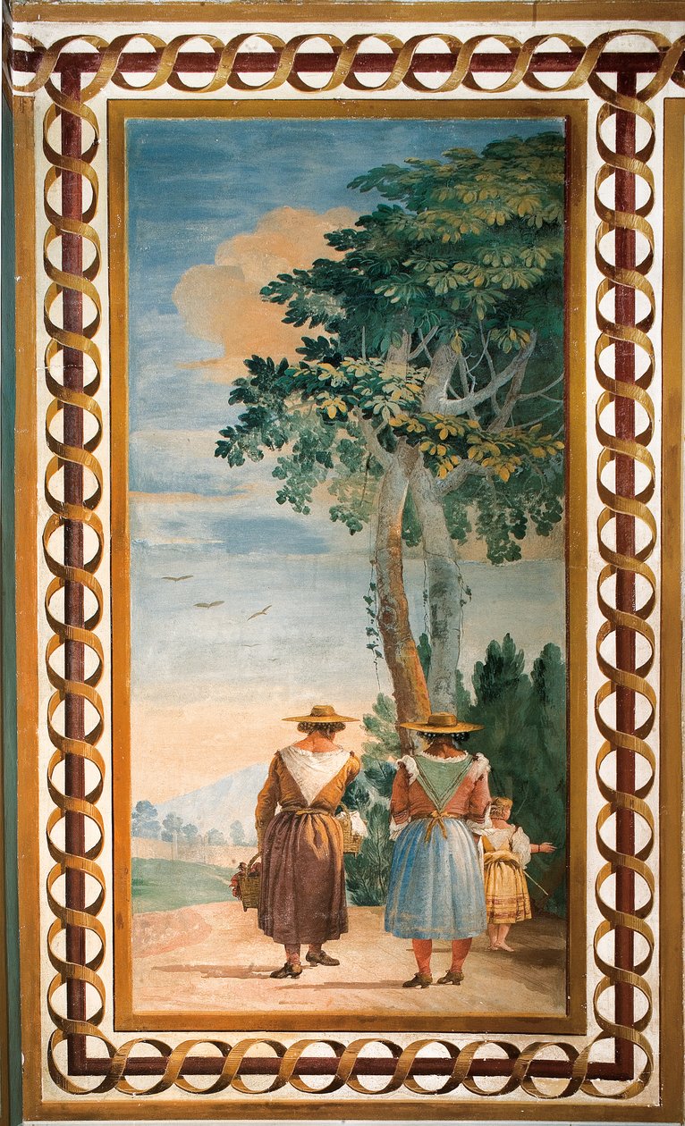 Tre bønder sett bakfra, fra rommet med rustikke scener, i Foresteria, 1757 av Giovanni Domenico Tiepolo