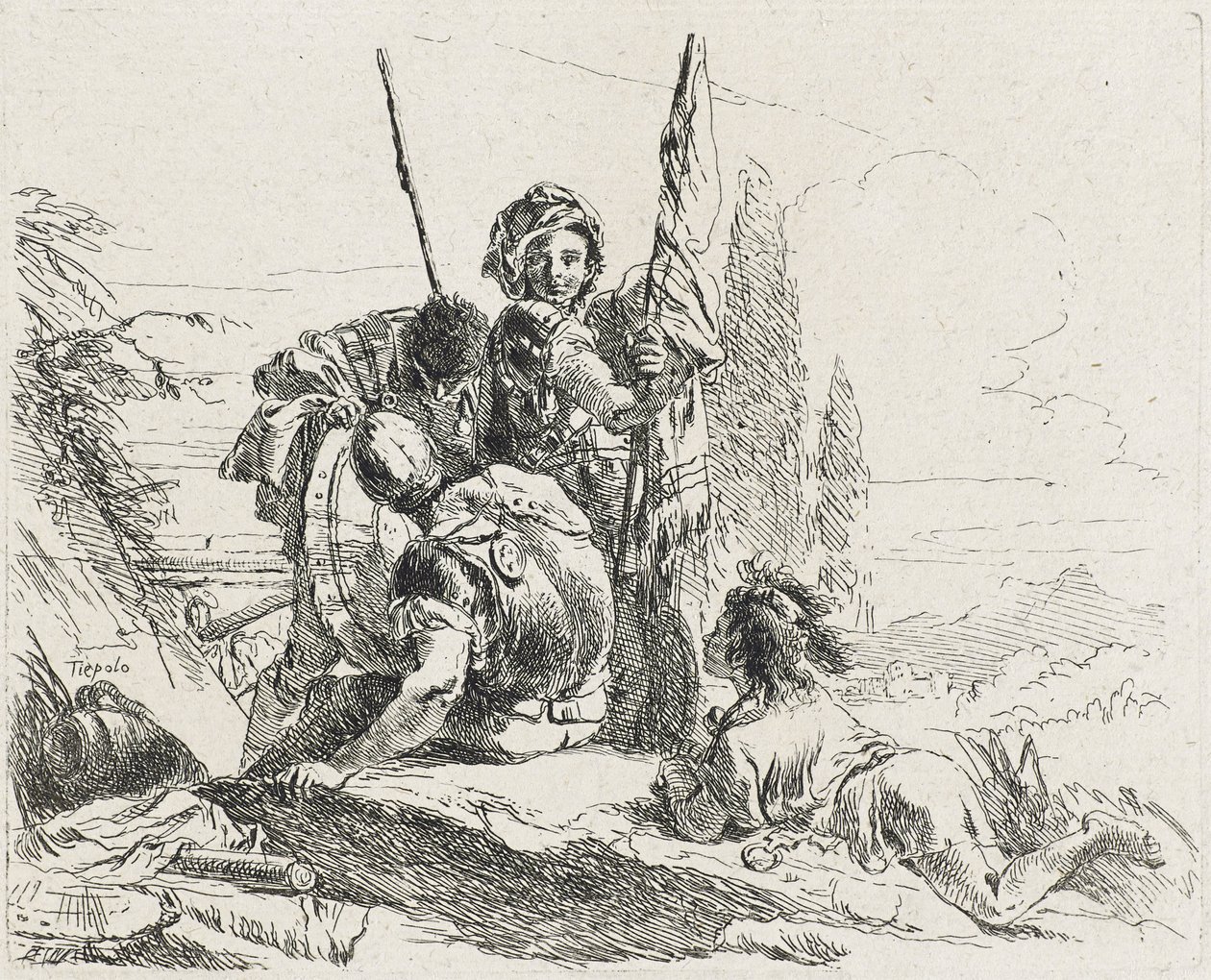 Tre soldater og en gutt, 1749 av Giovanni Domenico Tiepolo