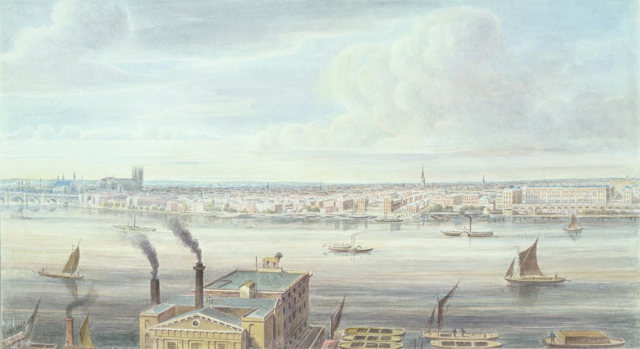 En fin utsikt over London fra Westminster Bridge til Adelphi, 1837 av Gideon Yates