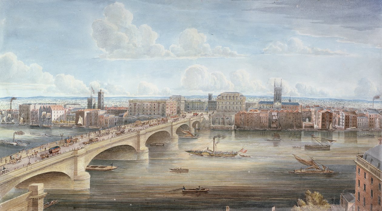 En annen utsikt over New London Bridge, som viser vestfronten, ser mot Southwark, og gir en fjern utsikt over Surrey, 1838 av Gideon Yates