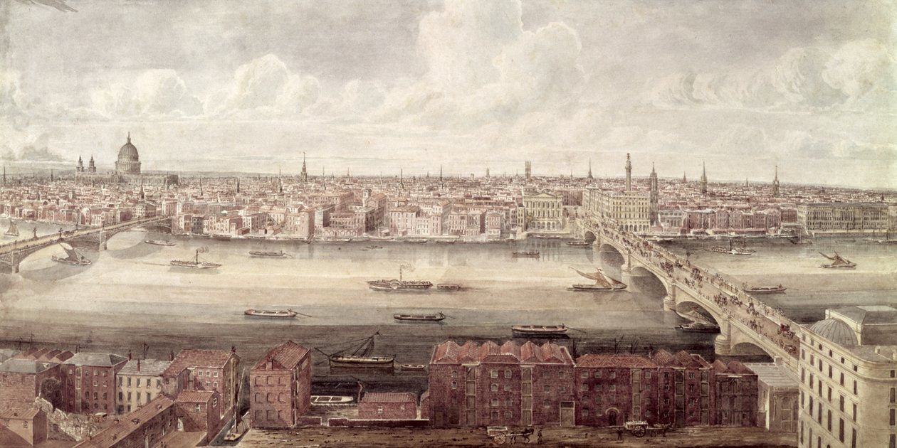 Panoramautsikt over London ser nordover mellom Southwark Bridge og London Bridge, ca. 1831 av Gideon Yates