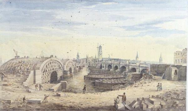 Bygging av den nye London Bridge ved siden av den gamle London Bridge av Gideon Yates