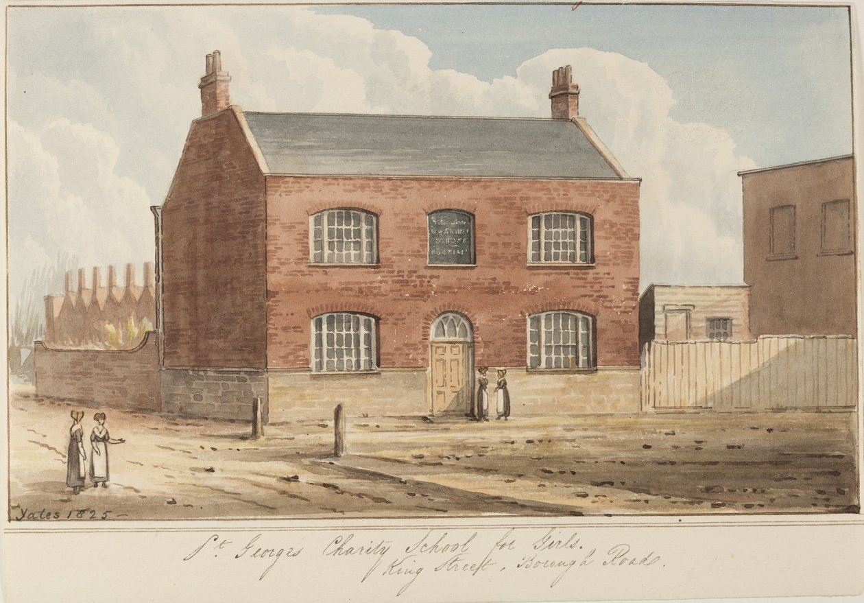 Utsikt over St Georges Charity School for Girls på King Street, Southwark. King Street er nå kjent som Newcomen Street, 1825 (wc på papir) av Gideon Yates
