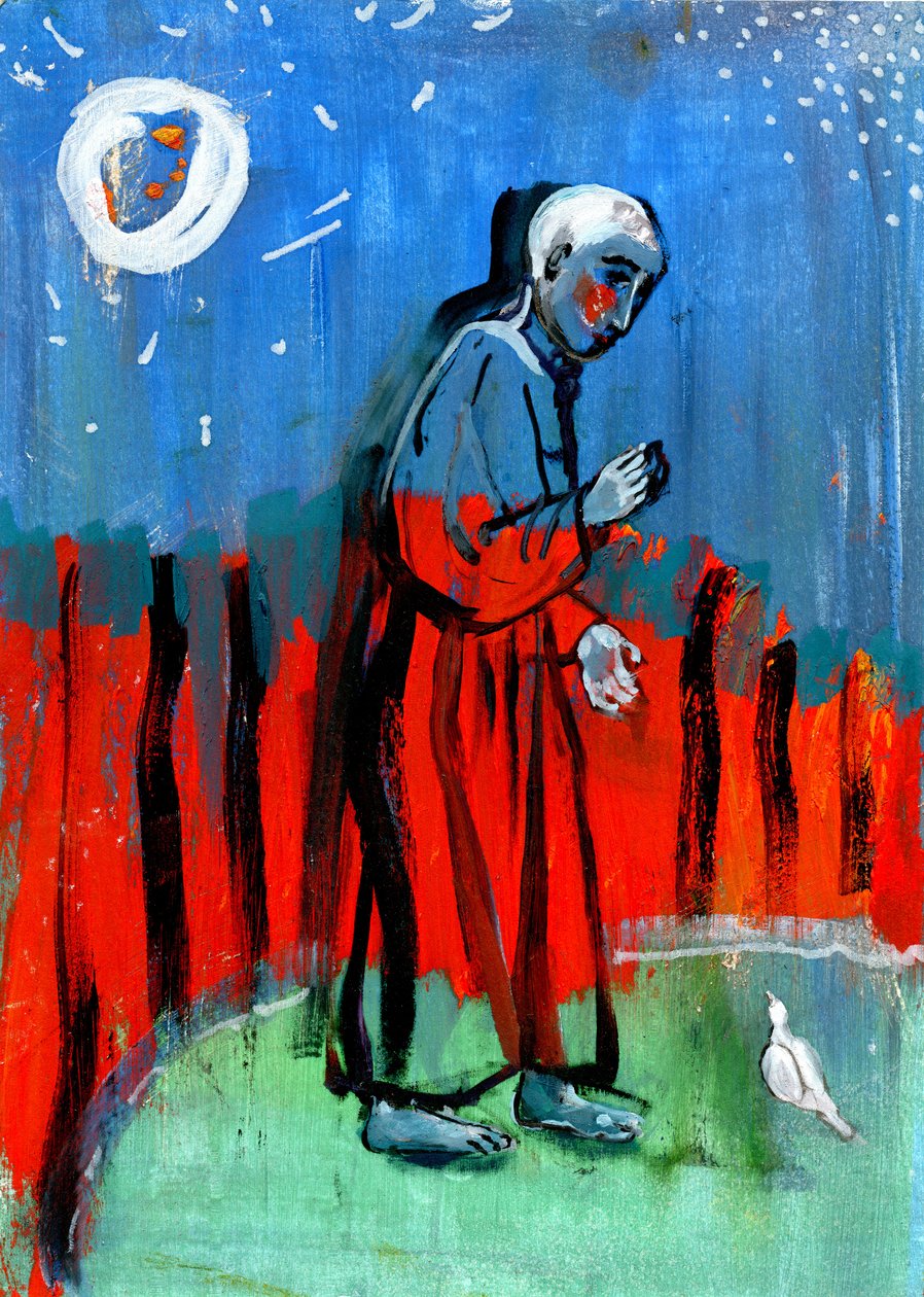 Mate fuglene. Etter Giotto, 2015, (olje på papir) av Gigi Sudbury