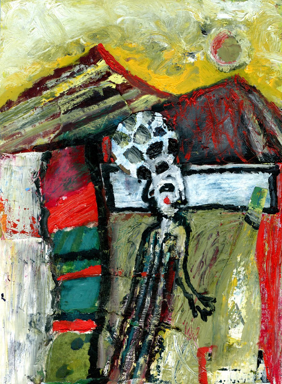 Football in the Mountains, 2015, (blandet media på gesso-brett) av Gigi Sudbury