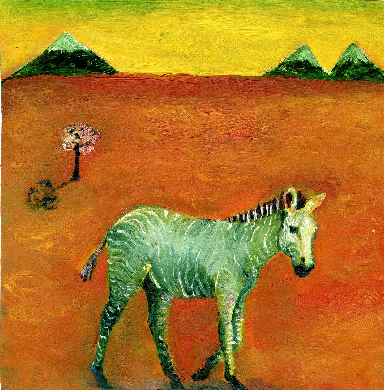 Green Zebra and Cherry Tree, 2005, (olje på papir) av Gigi Sudbury