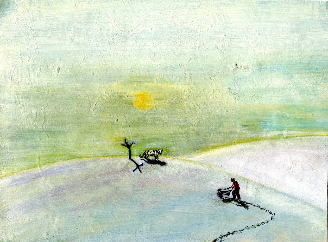 My Wheelbarrow And The Snow Tiger, 2004, (olje på papir) av Gigi Sudbury