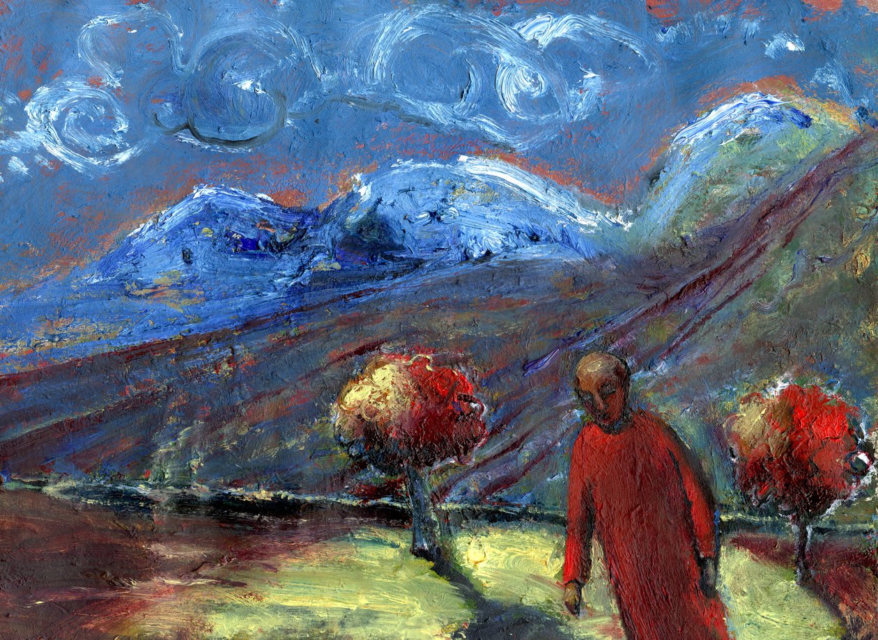 Walk in the Blue Mountains, høst, 2015, (olje på papir) av Gigi Sudbury