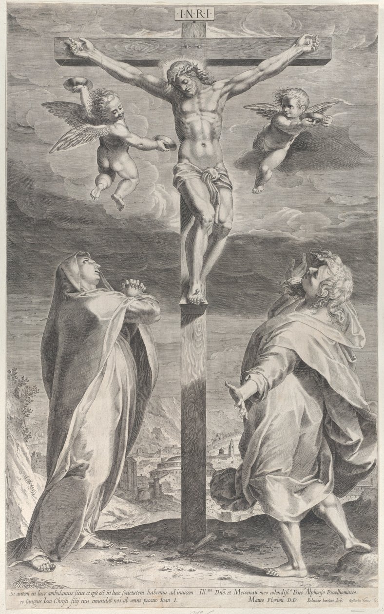 Korsfestelse med Jomfru Maria og evangelisten Johannes, engler over hodet, ca. 1593., ca. 1593 av Gijsbert Van Veen