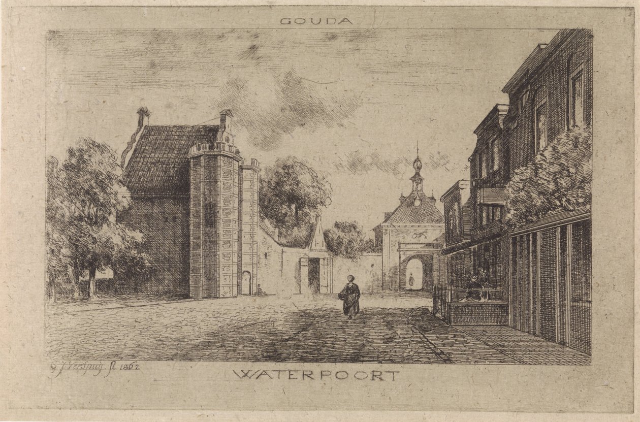 Utsikt over Waterpoort i Gouda av Gijsbertus Johannes Verspuy