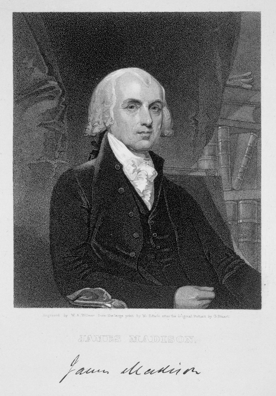 Portrett av James Madison, gravert av William A. Wilmer (ca. 1820-c.1855) etter trykket av David Edwin (1776-1841) av Gilbert Stuart