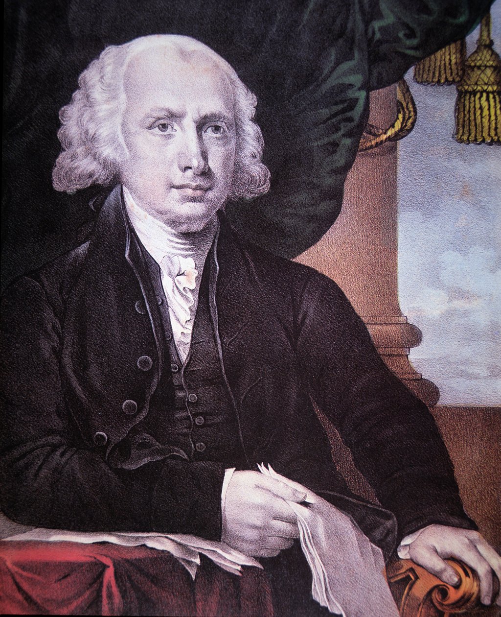 James Madison (1751-1836) utgitt av Nathaniel Currier (1813-88) (litho-farge) av Gilbert (after) Stuart