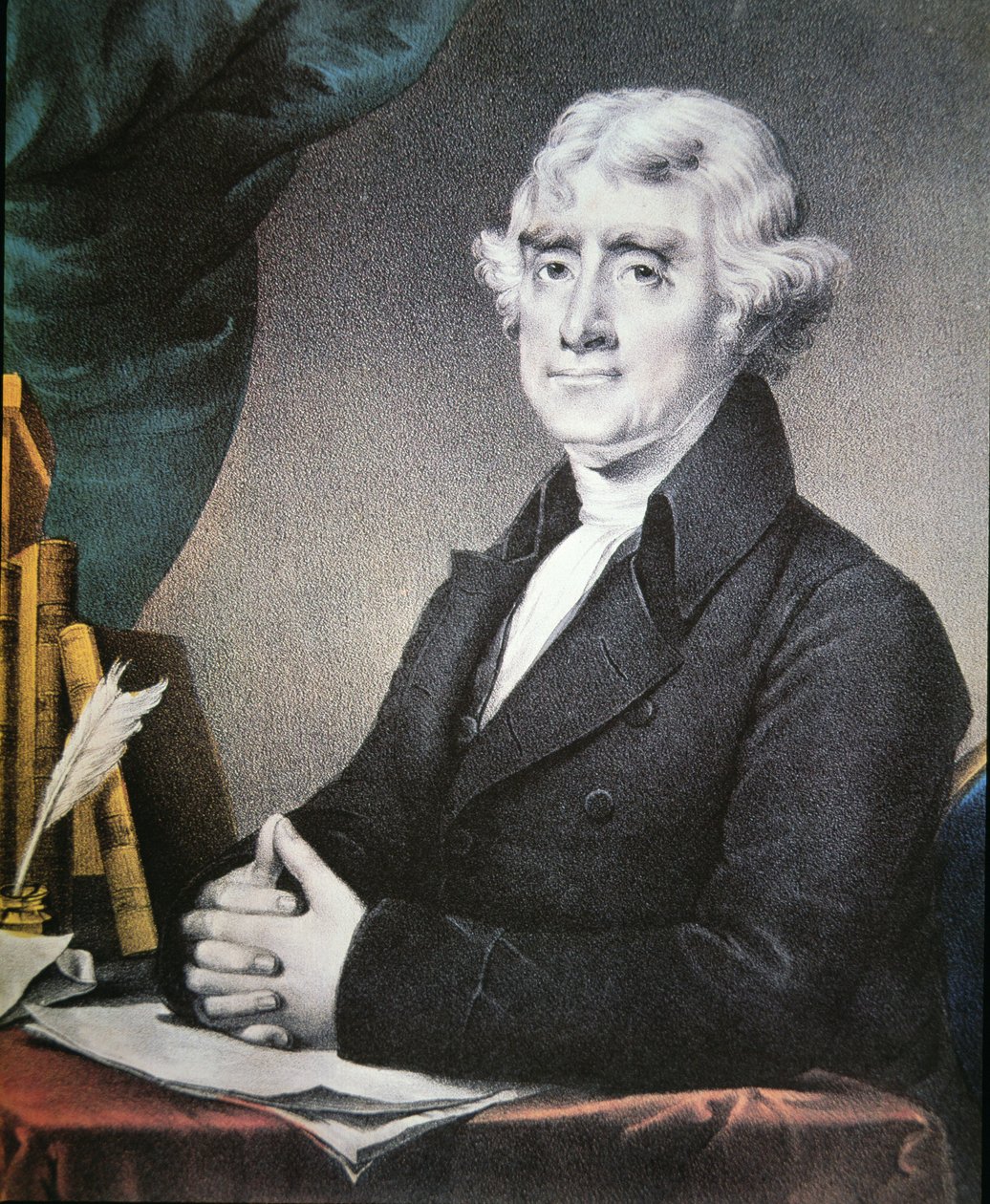 Thomas Jefferson (1743-1826) utgitt av Nathaniel Currier (1813-88) (litho-farge) av Gilbert (after) Stuart
